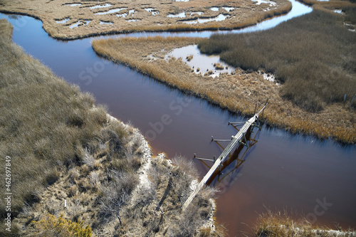 USA, Marsh on the eastern shore of Maryland with a walking path and pedestrian bridge, sea level rise due to global warming photo