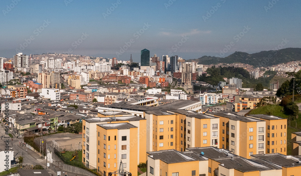 Manizales, Caldas, Colombia. January 1, 2020: Architecture and facade of buildings and houses. Panoramic landscape in the city.