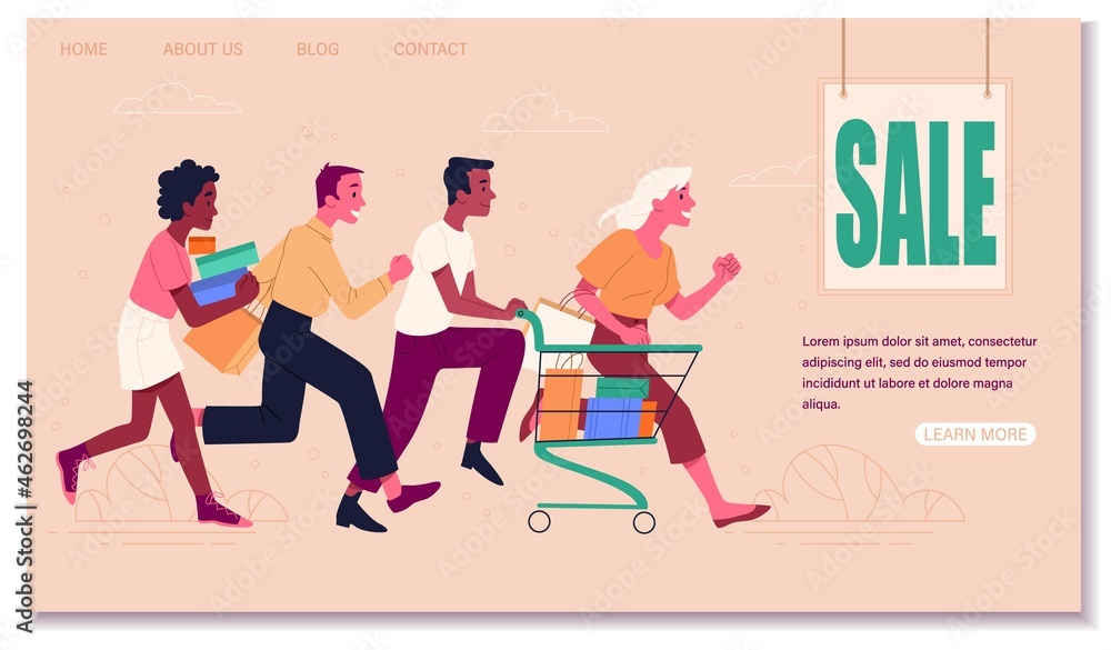 People shop online concept. Men and women run to online store for discounts. Landing page design. Electronic commerce and special offer. Cartoon flat vector illustration isolated on pink background