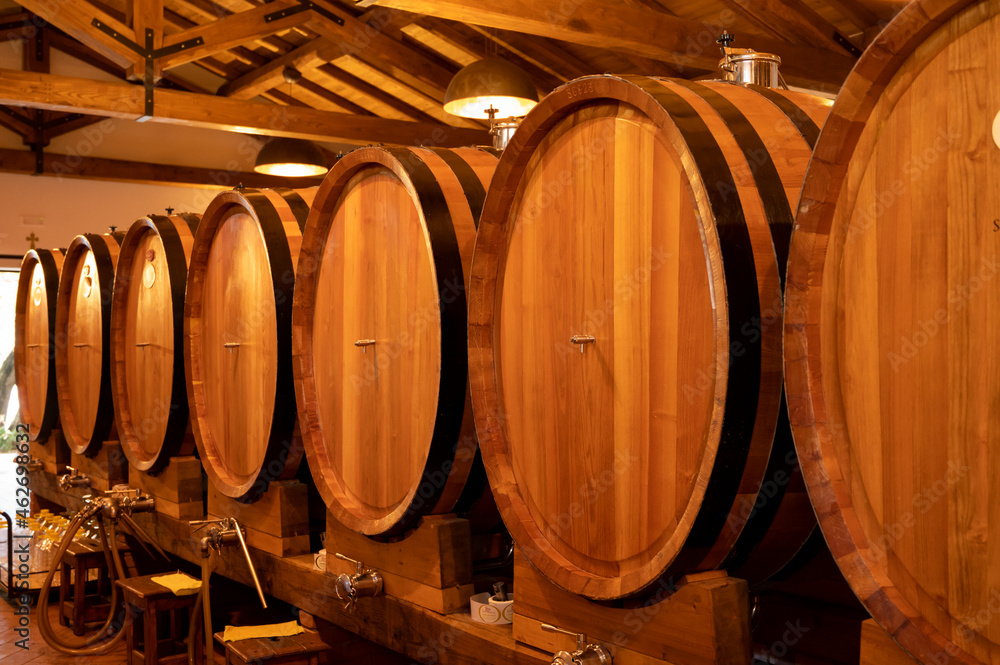 White, rose and red wine in barrels for sale in wine cellars in Italy