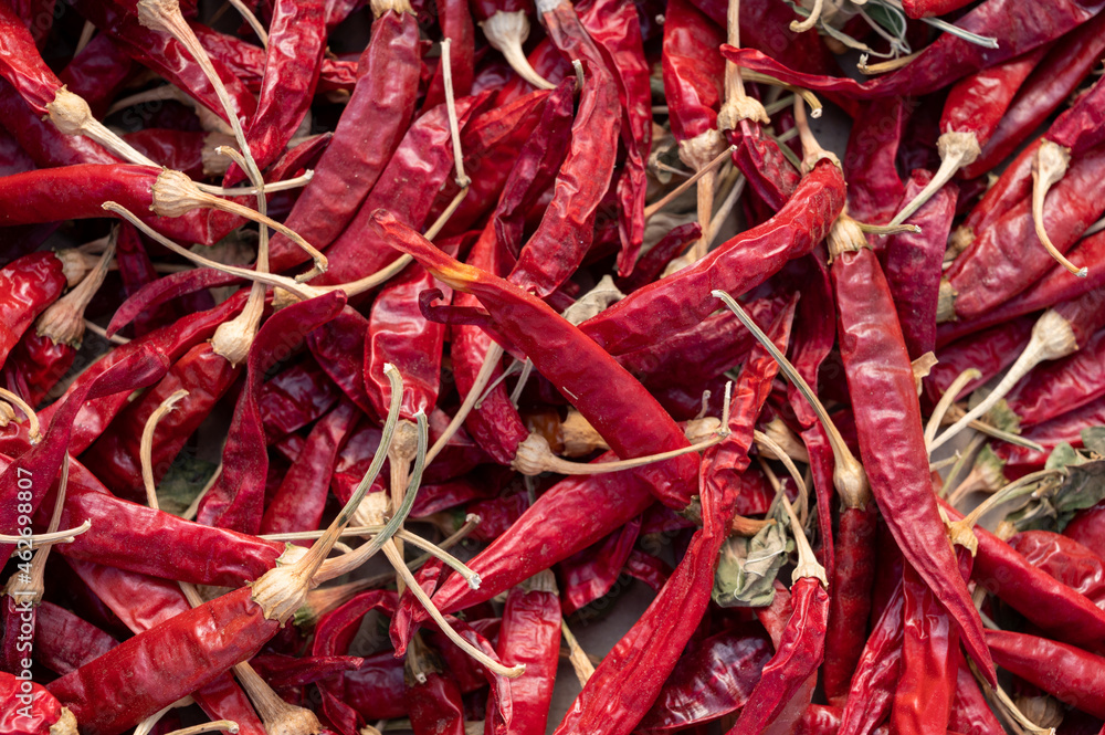 Food background with dried red hot chili peppers