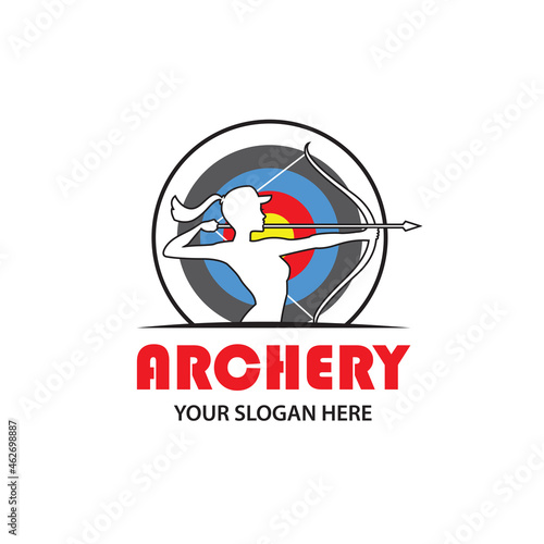 emblem of archering girl with bow and arrow isolated on white background