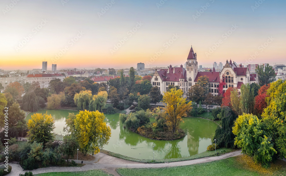 Fototapeta premium Wroclaw, Poland. Aerial view of Park Stanislawa Tolpy on autumn sunrise