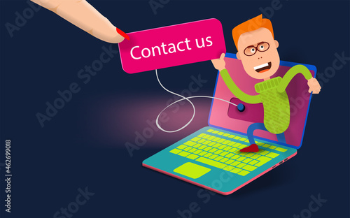 A red-haired boy with glasses climbs out of a laptop screen with a contact us button in his hand