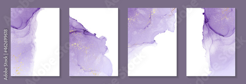 Modern watercolor background or elegant card design for birthday invite or wedding or menu with abstract purple ink waves and golden splashes on a white.