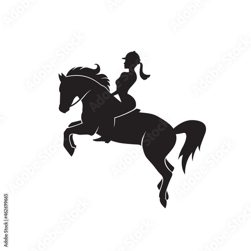 monochrome icon of horse and woman isolated on white background