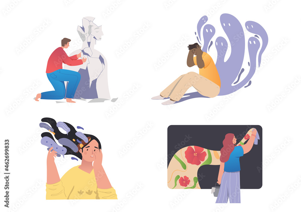 Mental health restoring. Young men and women solve their psychological problems. Emotional instability and fears. Treatment and recovery. Cartoon flat vector collection isolated on white background