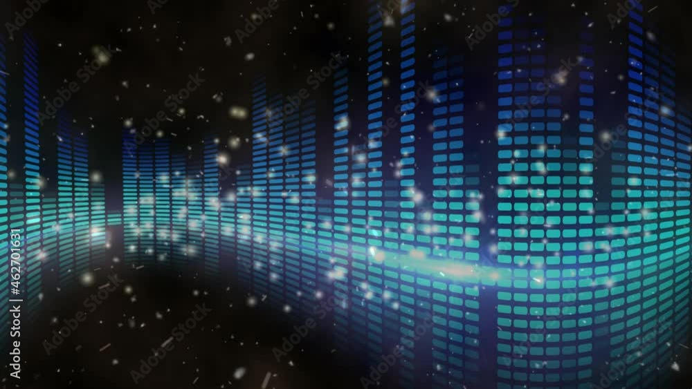 Animation of confetti over sound equalizer on dark blue background Animation of confetti over sound equalizer on dark blue background