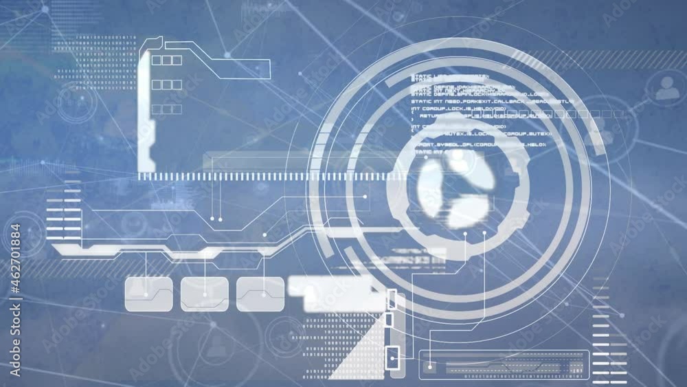 Animation of network of connections, target and data processing on blue background Animation of network of connections, target and data processing on blue background