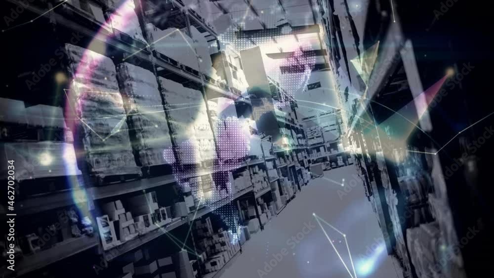 Animation of globe with network of connections over warehouse Animation of globe with network of connections over warehouse