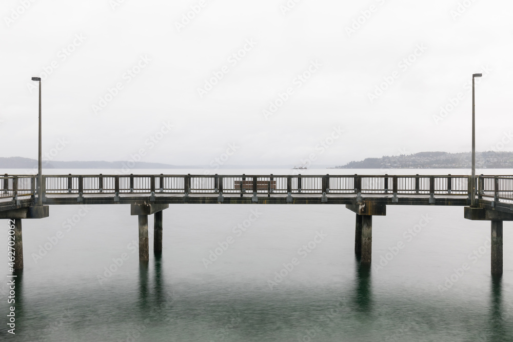 Wooden Pier with Bench over Calm Water on Foggy Day (Commencement Bay, Tacoma, WA)