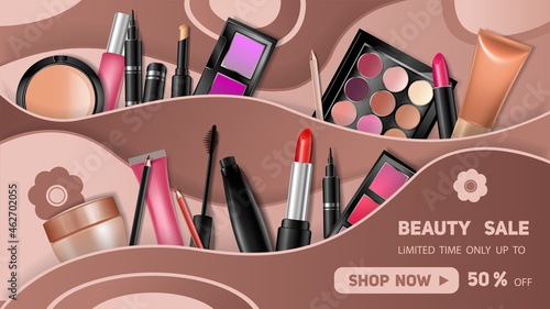 Banner with cosmetic products. Horizontal template with makeup products. Poster for advertising and sale. Beauty shop, blog or website. Realistic 3d vector illustration isolated on brown background