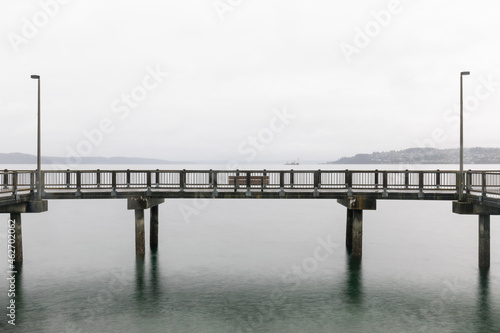 Wooden Pier with Bench over Calm Water on Foggy Day (Commencement Bay, Tacoma, WA)