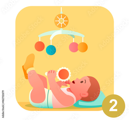 Kid playing with rattle. Little boy lies on soft pillow and looks at suspended toy. Child growth process. Growing up and developing baby. Cartoon flat vector illustration isolated on white background