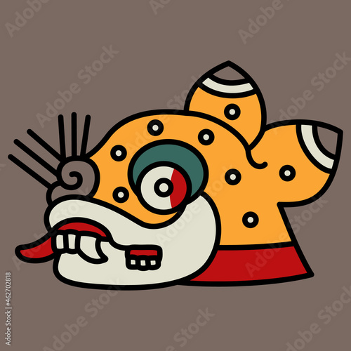 Stylized head of a jaguar. Native American art of Aztec Indians from Mexican codex. On gray background.