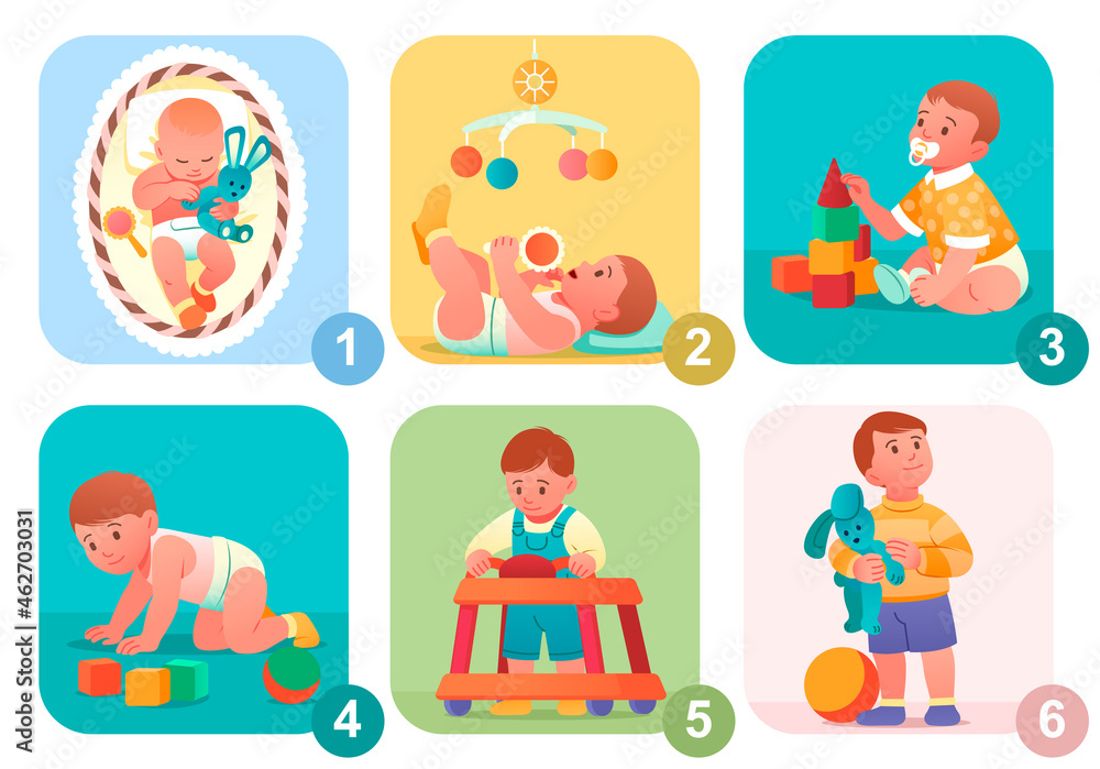Baby growth process. From newborn to preschooler. Little boy becomes adult. Stages of child development. Character playing with toys. Cartoon flat vector illustration isolated on white background Baby growth process. From newborn to preschooler. Little boy becomes adult. Stages of child development. Character playing with toys. Cartoon flat vector illustration isolated on white background