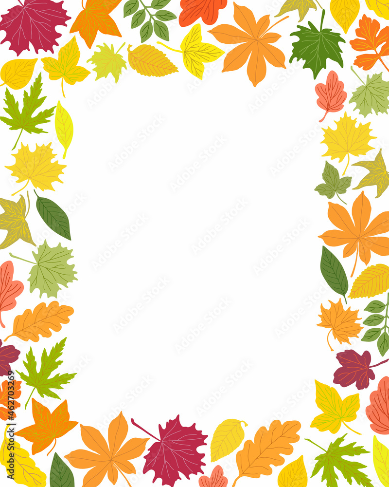 Autumn leaves rectangular frame simple vector minimalist concept flat style illustration, multicolored natural floral arrangement for invitations, greeting cards, booklet, autumn holiday decor Autumn leaves rectangular frame simple vector minimalist concept flat style illustration, multicolored natural floral arrangement for invitations, greeting cards, booklet, autumn holiday decor