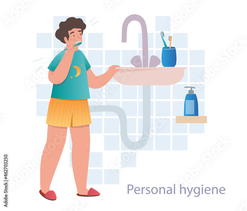 Personal hygiene. Boy in pajamas brushes his teeth after waking up. Clean skin and healthy oral cavity. Daily routine for schoolboy. Cartoon flat vector illustration isolated on white background