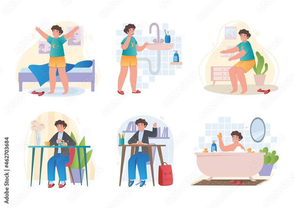 Happy child daily routine. Boy gets out of bed, washes, does sports, has breakfast, goes school and takes bath. To do list for day. Cartoon flat vector collection isolated on white background