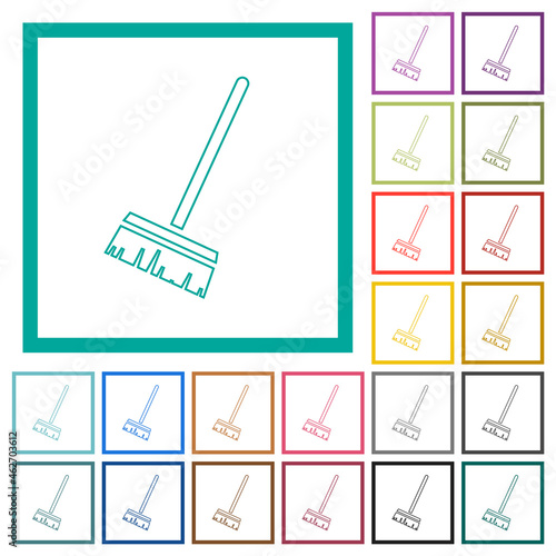 Household broom outline flat color icons with quadrant frames