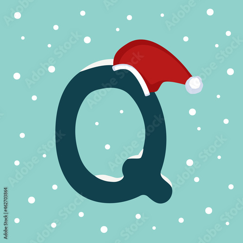 Letter Q with snow and red Santa Claus hat. Festive font for Christmas and New Year
