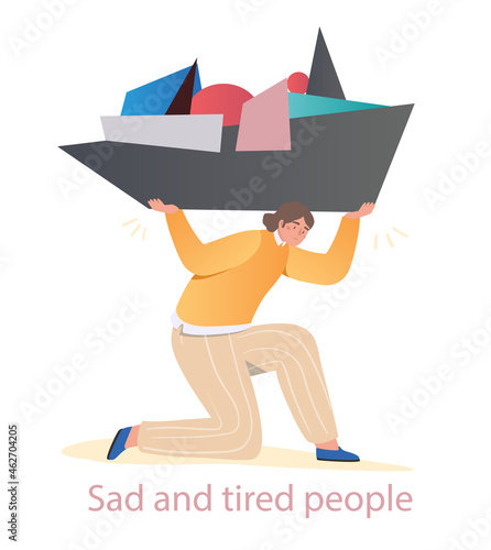 Tired employee concept. Woman holds load of problems, tasks and plans on her shoulders. Pressure of troubles and bad emotional state. Cartoon flat vector illustration isolated on white background