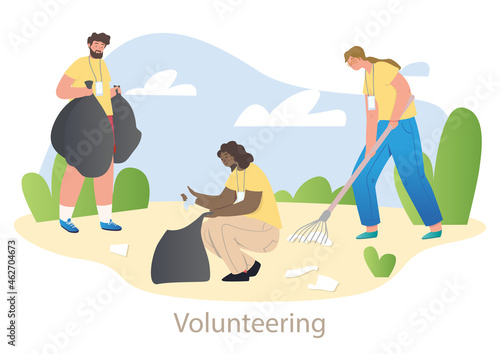 Beach cleaning concept. Young volunteers pick up garbage and throw it into bag. Taking care of environment. Kind men and women. Cartoon modern flat vector illustration isolated on white background