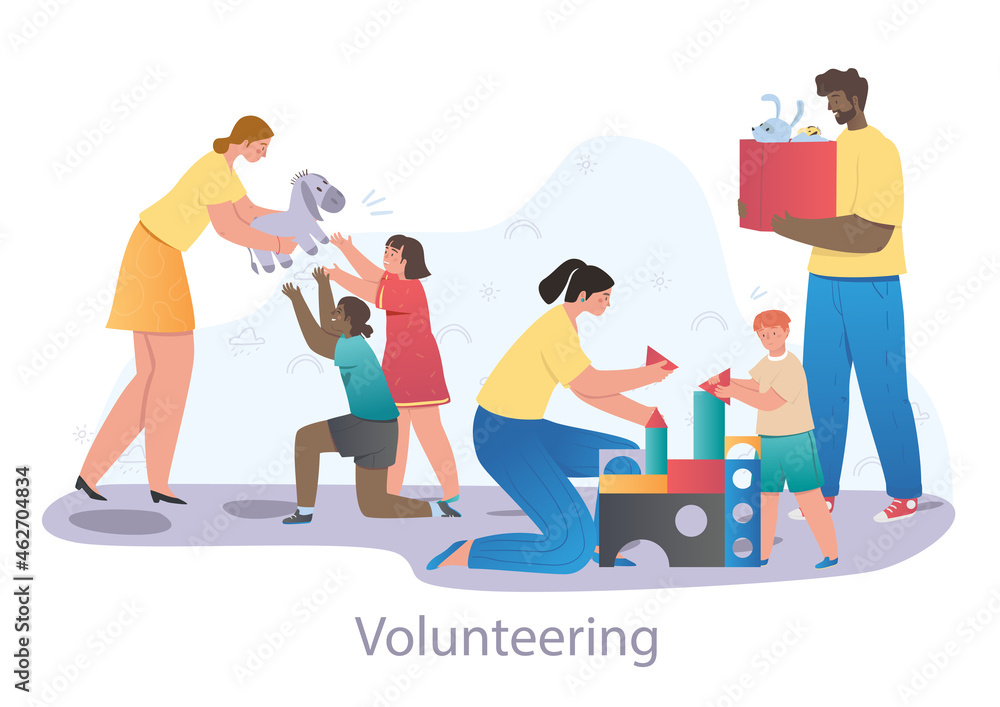 Giving toys to orphans concept. Volunteers delight young children in shelter, play with them and give them care. Charity and donations. Cartoon flat vector illustration isolated on white background