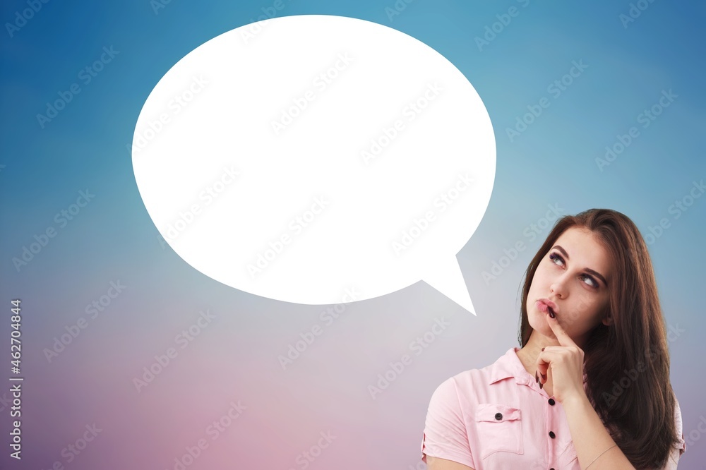 Happy young smiling woman holding copy space empty message bubbles