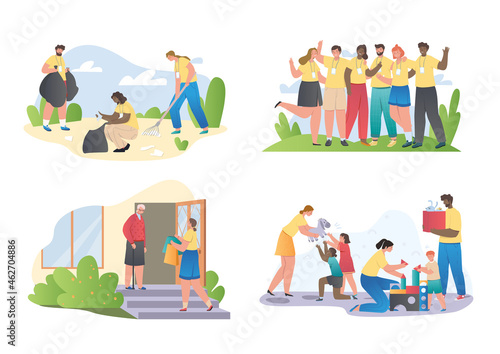 Set of volunteers. Men and women give toy to children, take care of nature and pay attention to elderly. Kind heart. Charity and donation. Cartoon flat vector illustration isolated on white background