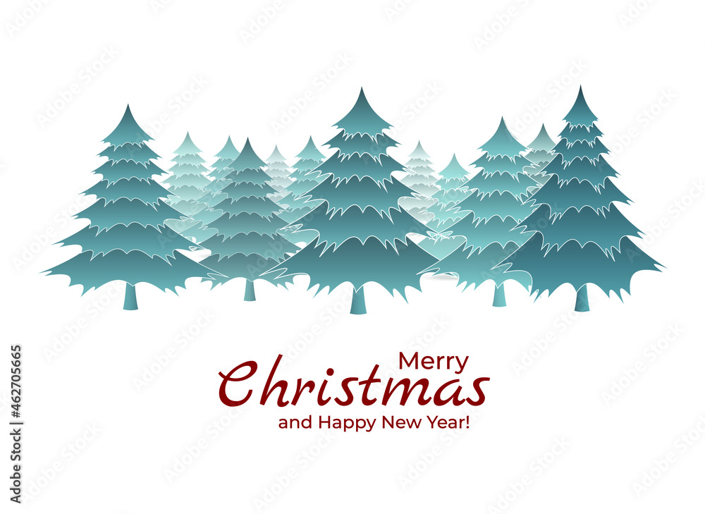 Merry Christmas and Happy New Year greeting card. Christmas trees on white background