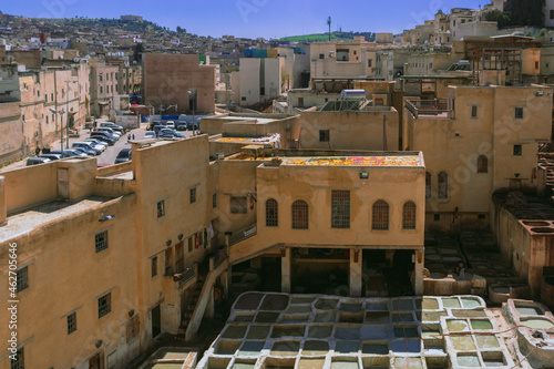 Africa city old town Fez Morocco traditional tourist oriental street leather roof view arabic colorful medina