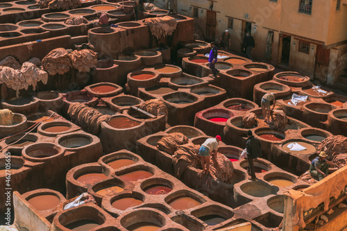 Africa city old town Fez Morocco traditional tourist oriental street leather roof view arabic colorful medina