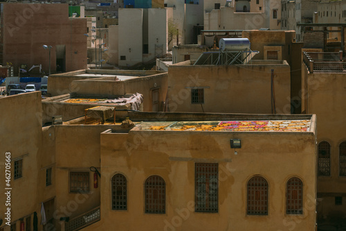 Africa city old town Fez Morocco traditional tourist oriental street leather roof view arabic colorful medina