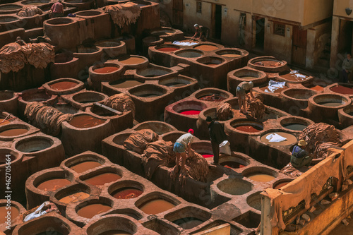 Africa city old town Fez Morocco traditional tourist oriental street leather roof view arabic colorful medina