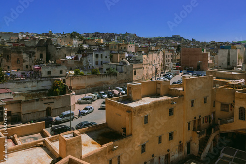 Africa city old town Fez Morocco traditional tourist oriental street leather roof view arabic colorful medina