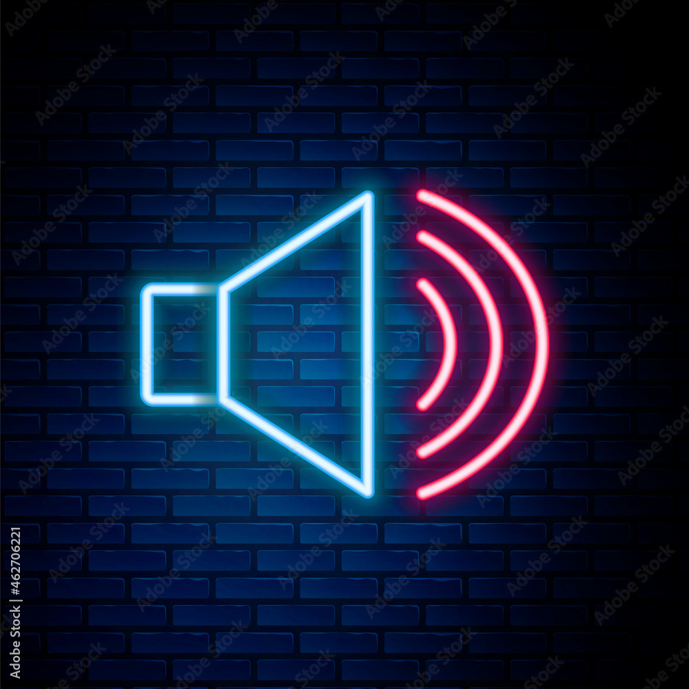 Vecteur Stock Glowing neon line Speaker volume, audio voice sound symbol,  media music icon isolated on brick wall background. Colorful outline  concept. Vector | Adobe Stock