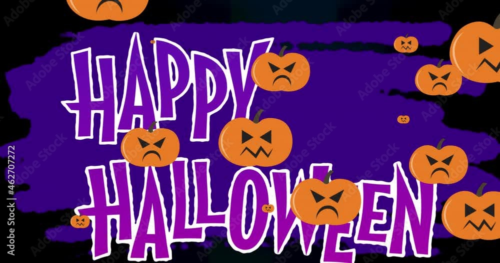 Animation of halloween greetings and pumpkins moving over purple background with trees Animation of halloween greetings and pumpkins moving over purple background with trees