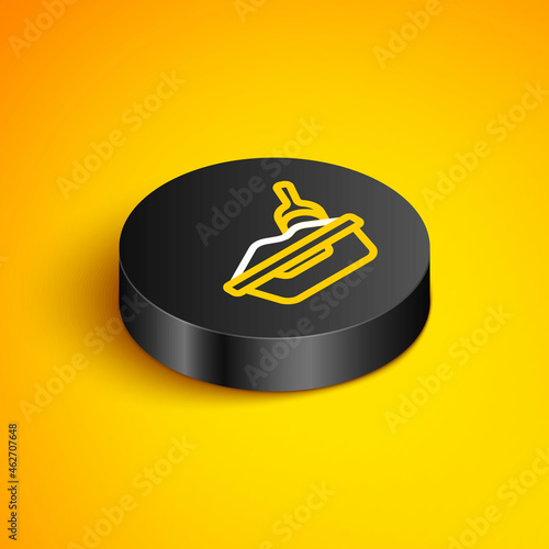 Isometric line Cat litter tray with shovel icon isolated on yellow background. Sandbox cat with shovel. Black circle button. Vector