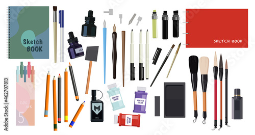 Set of calligraphy. Collection of writing instruments, nib, pen, pencil. Brushes, notebooks, set of schoolchildren, things for drawing. Cartoon flat vector illustration isolated on white background