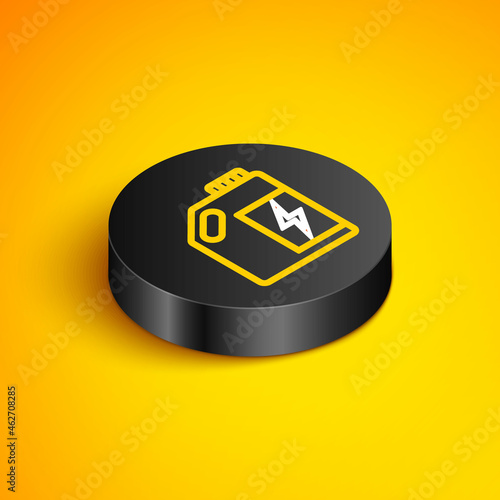 Isometric line Eco fuel canister icon isolated on yellow background. Eco bio and barrel. Green environment and recycle. Black circle button. Vector