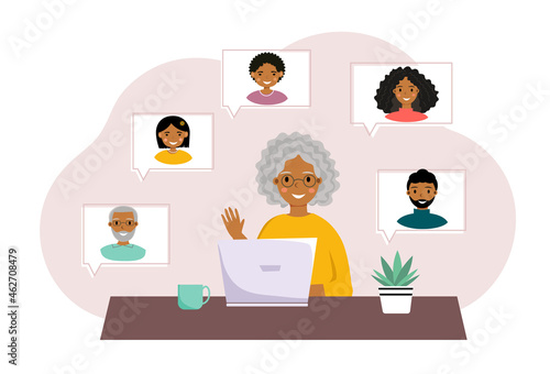 Old afro american woman is sitting near laptop and talking with her family, friends and relation. Grandma with computer. Modern technology. Stay at home concept. Vector illustration in flat style.
