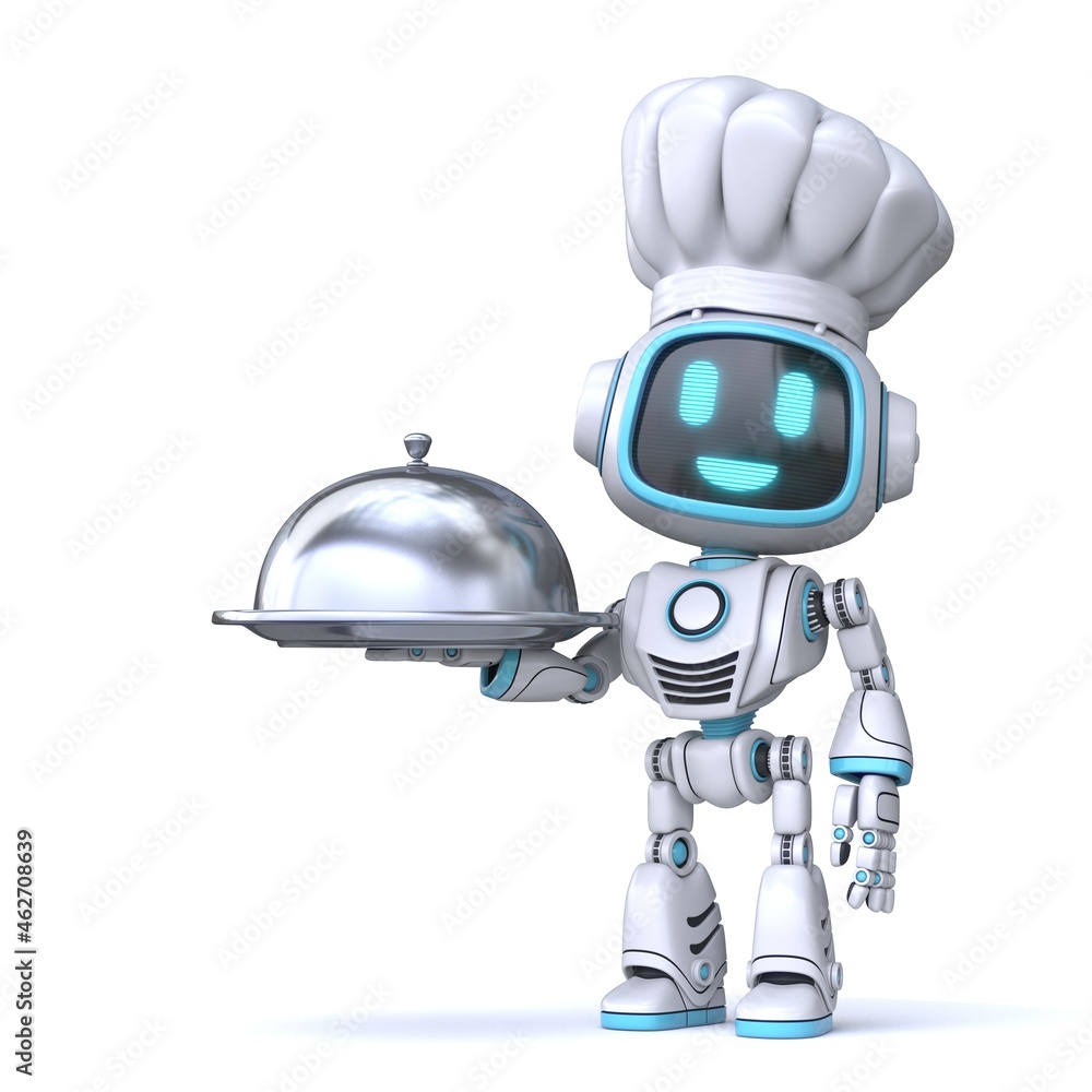 Cute blue robot holding serving cloche 3D Cute blue robot holding serving cloche 3D