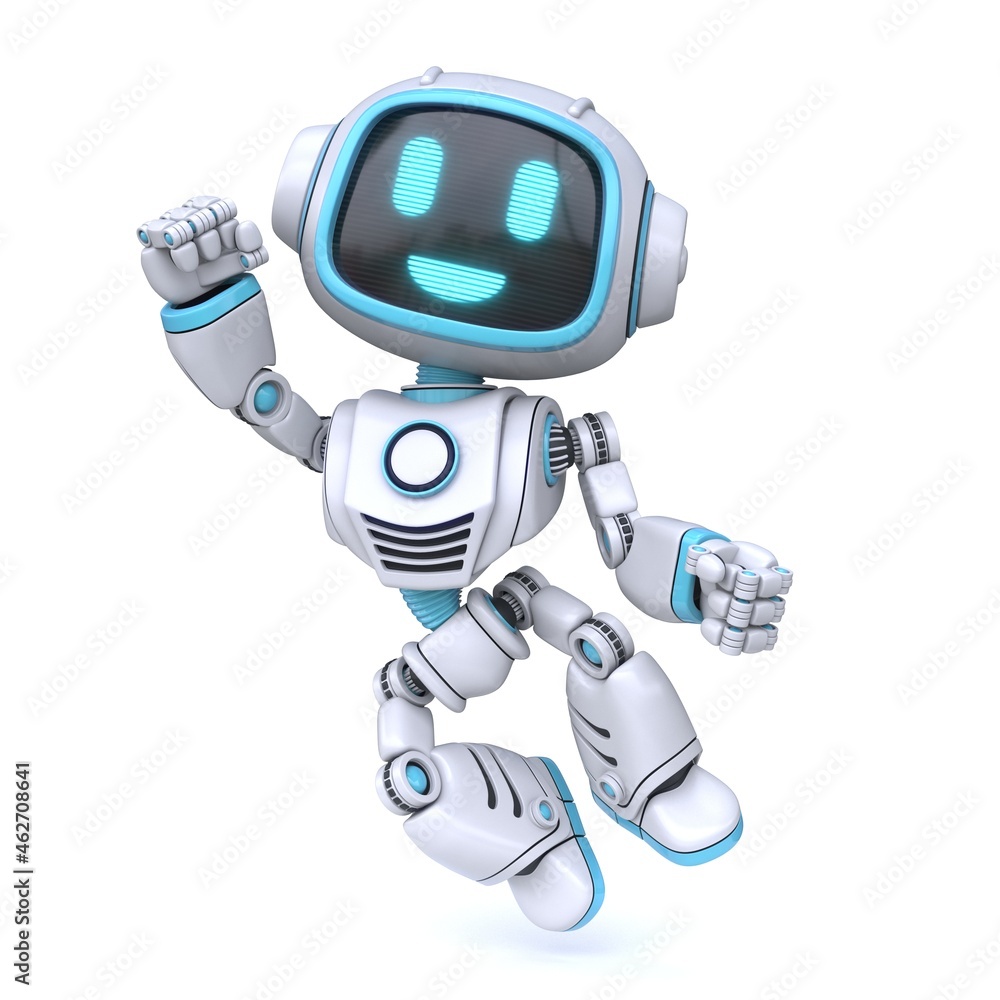 Cute blue robot happy jumping 3D