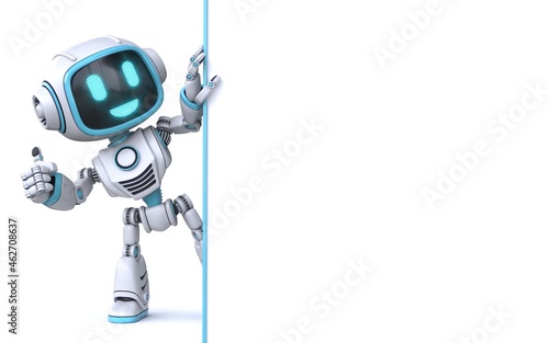 Cute blue robot holding blank white board 3D