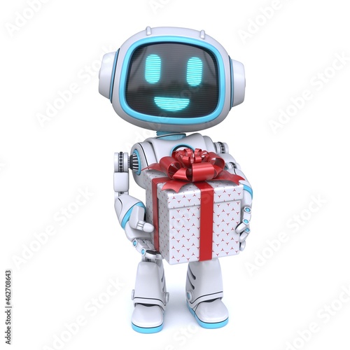 Cute blue robot giving git box 3D