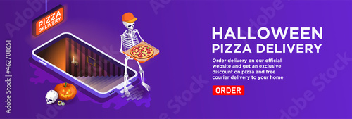 Isometric vector. Halloween delivery service banner. A telephone with a staircase to the basement. Skeleton courier with a box of pizza in a cap, pumpkin lantern. Order a purchase in the online store 