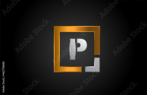 gold silver metal letter P alphabet logo design icon for business