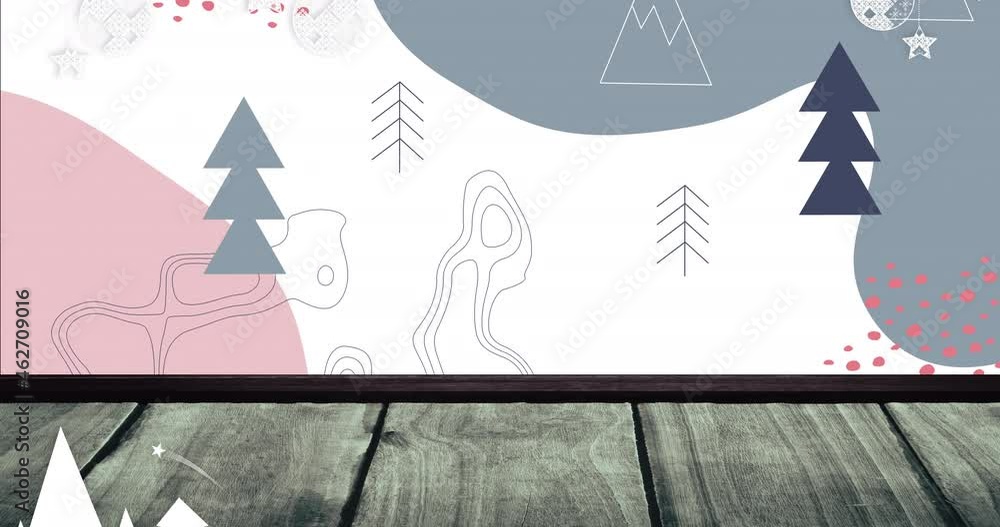 Animation of christmas trees and decorations over trees on white background Animation of christmas trees and decorations over trees on white background