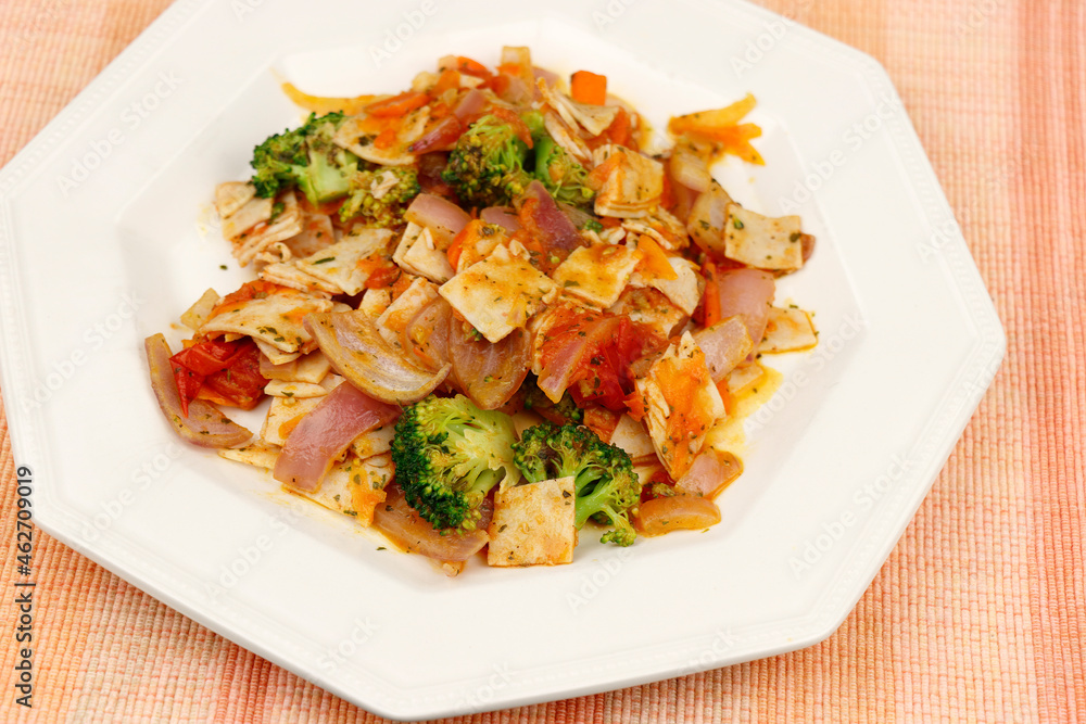 Prepared Meal of Turkey, Vegetables and Seasonings on a Plate Prepared Meal of Turkey, Vegetables and Seasonings on a Plate
